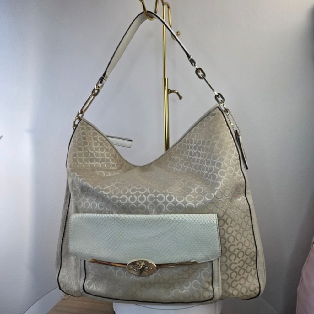 COACH Madison Op Art‎ Pearl Signature Tan Khaki Canvas Hobo Shoulder Bag Purse
